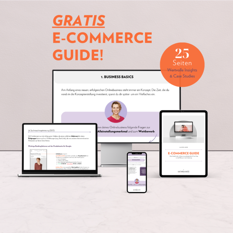 Gratis! E-Commerce Guide für deinen E-Shop. Hier werden verschiedene Seiten aus dem PDF dargestellt in einem MockUp.